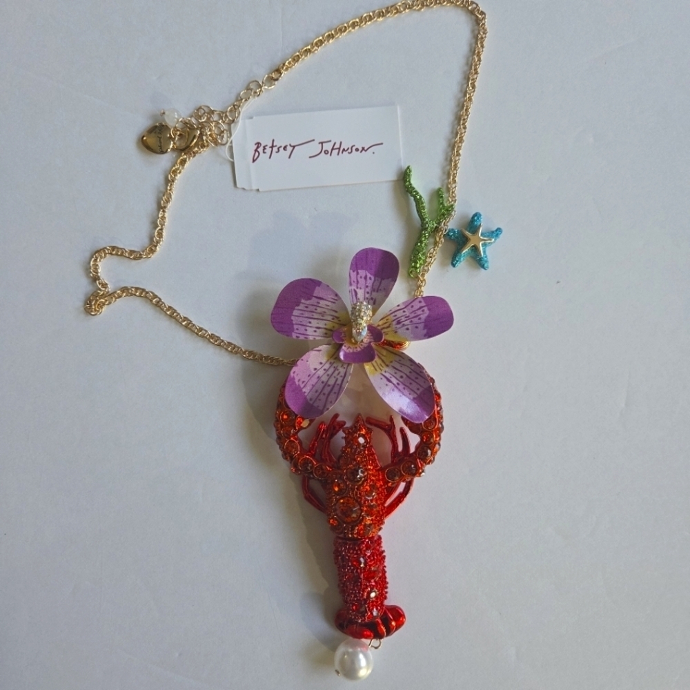 Betsey Johnson Red Lobster Pendant Necklace with Orchid